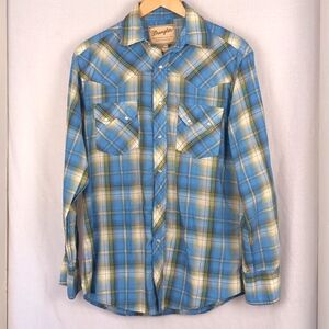 VINATGE 70s Wrangler Blue Plaid Pearl Snap Long Sleeve Cowboy Shirt